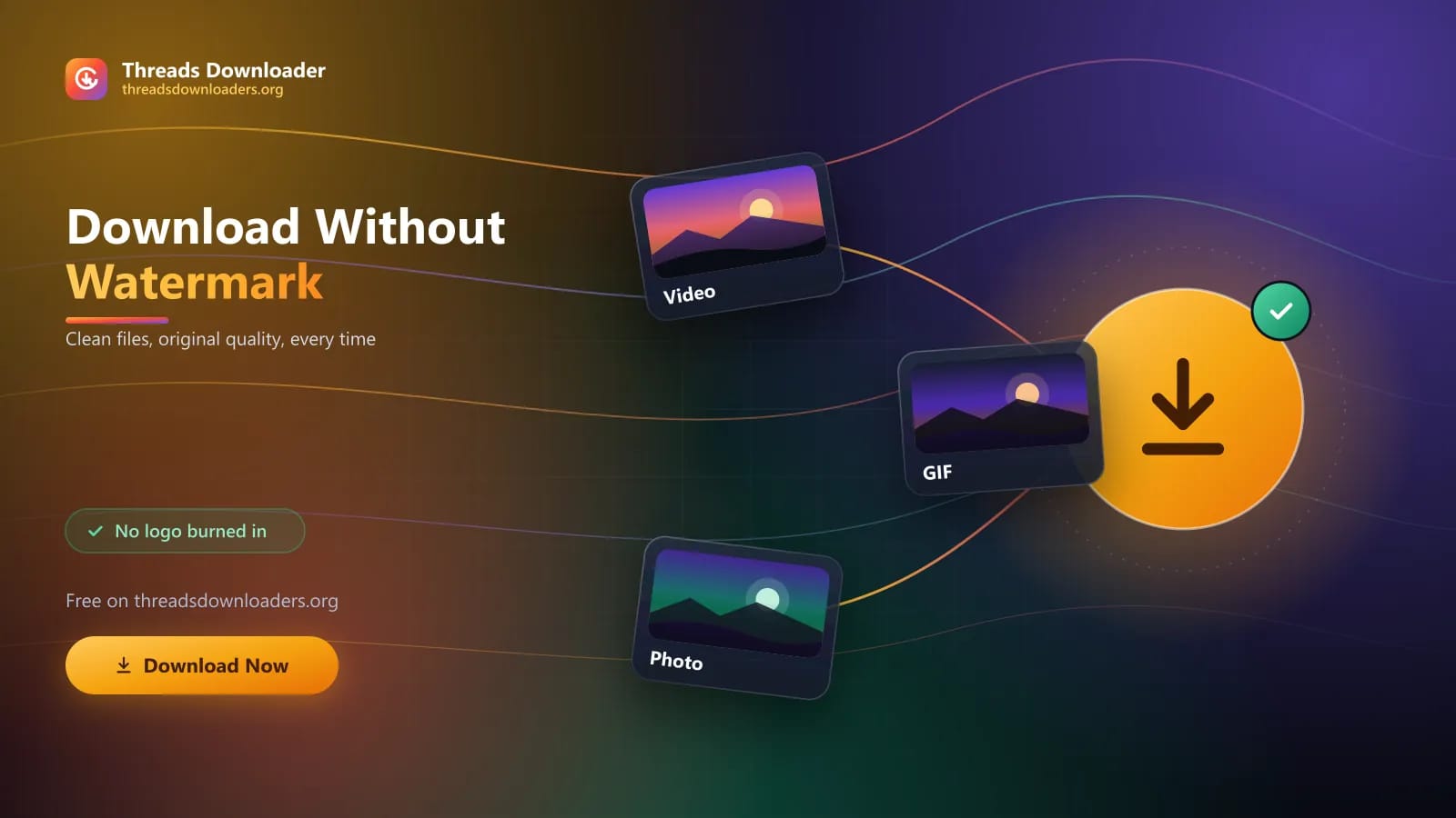 Download without watermark Video, photo and GIF tiles flowing into a glowing download button with no watermark